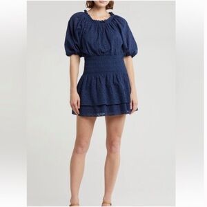 70. Ramy Brook $395 Sawyer Eyelet Smocked Dress in navy blue